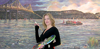 Cathi Locati, artist, painting at Hudson Harbor, Tarrytown