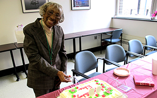 Edna Coggins of Ossining was treated to a birthday party hosted by the Volunteer Department at Phelps Memorial Hospital Center.  Mrs. Coggins, who  has been a volunteer at Phelps for 22 years, turned 99 years young.