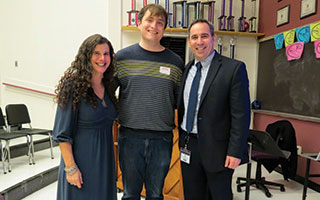 Briarcliff High school alumnus Sam Chalsen is flanked by English Department Coordinator Jamie Mandel and Superintendent of Schools James Kaishian.