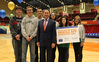County Executive Robert P. Astorino pictured with one of the fifty teams registered for the Westchester Smart Mobile App Development Bowl named “A Hot Cup of Java” from Pleasantville High School.
