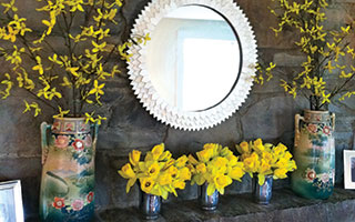 Nothing says spring like cheerful yellow daffodils. Displayed in abundance with forced Forsythia branches, these blooms bring Spring to a mantle regardless of outdoor temps.
