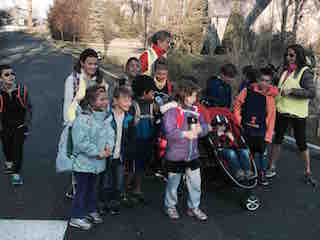 Students walking to school as part of the Irvington Union Free School District’s Walking School Bus program