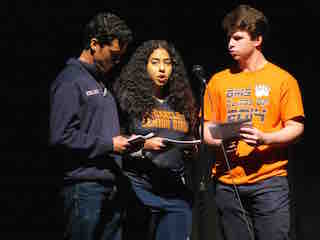 (from left): Briarcliff High School students Derian Dominguez, Melissa Wells and Sam Lanoff discussed the Black Lives Matter movement during the school’s Dr. Martin Luther King Jr. assembly.