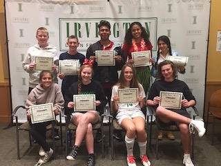 Some of the Irvington High School students receiving awards for humor and joy  pictured here: (Back, L-R) Jacob Egloff, Josh Blass, Brandon Avelino, Grace Thybulle and Sophia Regal. (Front, L-R): Abigail Gonzalez, Skylar Sloane, Jessica Green and Matthew Myers.