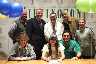 (top row) Athletic Director Artie McCormack, Superintendent of Schools Dr. Kristopher Harrison, Irvington High School Principal David Cohen, Aresky and Dalia Valdes. (bottom row) Basketball boach Gina Maher, Irvington High School senior Olivia Valdes and lacrosse coach Patrick DiBenedetto.