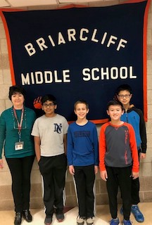 L-R: BMS math teacher and Mathletes advisor Svetlana Ryzhik, Gautam Gupta, Lucas Martin, Gordon Beckler, and Kevin Cao. Not pictured Marlena Kuhn.