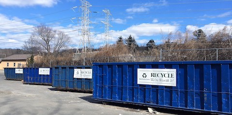 Recyclable bins line up at Briarcliff Manor’s Public Works 