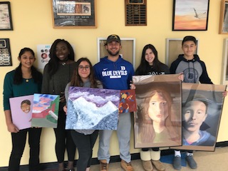 BHS recipients of the Scholastic Art & Writing Awards posed with one of their recent creations (not necessarily the piece that garnered the award) L-R: Farhaanah Mohideen; Oyin Tukuru; Isabel Klein; John Gross; Sophie Jelinek; Colby Cho.