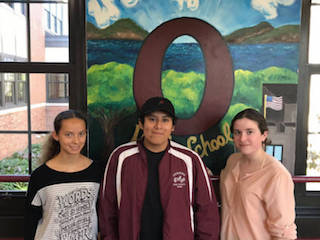 L-R: OHS National Merit Scholarship finalists Skyler Jones, Marlond Criollo and Emma San Martin.