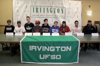 L-R: Chris Brandt, cross country, Swarthmore; Joel Andrade, wrestling, University of Chicago; Jake Weintraub, baseball, George Washington; Brianna Pierre, track & field, Rochester Institute of Technology; Nick Lambiase, lacrosse, Albright; Chris Friedlander, soccer, Seton Hall; Kelly Degnan, basketball, SUNY Plattsburgh; Christian Ishoo, soccer & lacrosse, SUNY Purchase; John Martin, football, Franklin Pierce. Not pictured: Jena Bishop, lacrosse, Guilford College; Zoe Maxwell, soccer, Brown University; Olivia Valdes, lacrosse, Merrimack College.