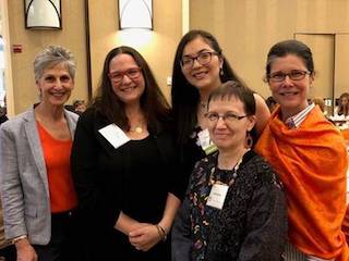 Valentina Loaiza, center, winner of the Alison Greene Scholarship, with Greene’s daughter Carrie Teicher, second left, director of medical and operational research at Doctors without Borders, and from left, Westchester Women’s Agenda members Alisa Kesten, Jon Wegienek and Noelle Damico.