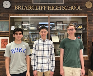 Briarcliff High School seniors and 2019 National Merit Scholarship semifinalists: Noah Benson, Benjamin Cooper and Andrew Van Camp.