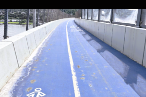 A pockmarked stretch of the shared use path on the Mario M. Cuomo Bridge on Aug. 10, 2026. Photo: Robert Brum
