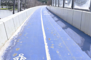A pockmarked stretch of the shared use path on the Mario M. Cuomo Bridge on Aug. 10, 2026. Photo: Robert Brum